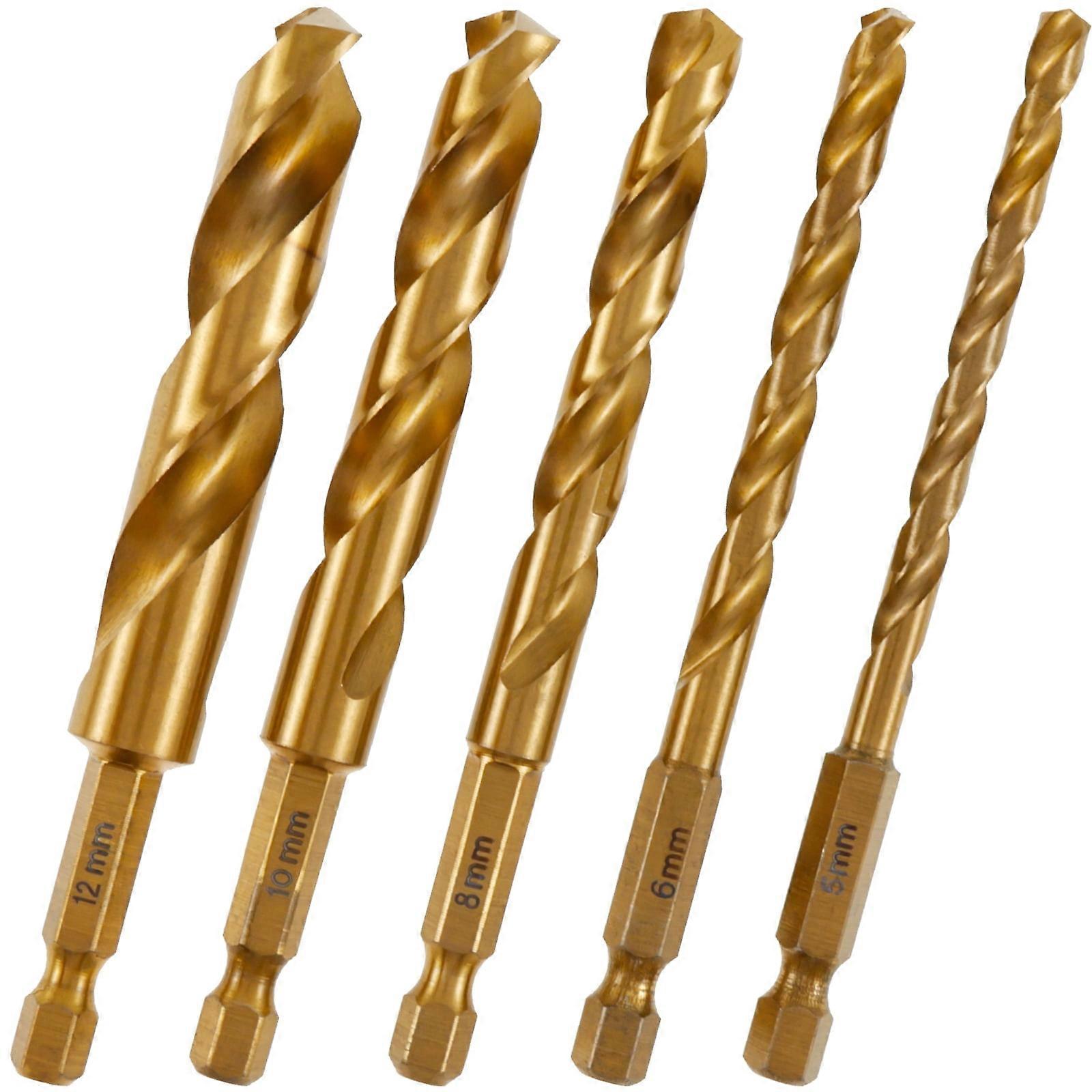 FUYGRCJ 5PCS Titanium Coated HSS Drill Bits Set, 5-12mm Hex Shank Quick Change Twist Drill Bits for PVC Metal, compatible with standard chucks
