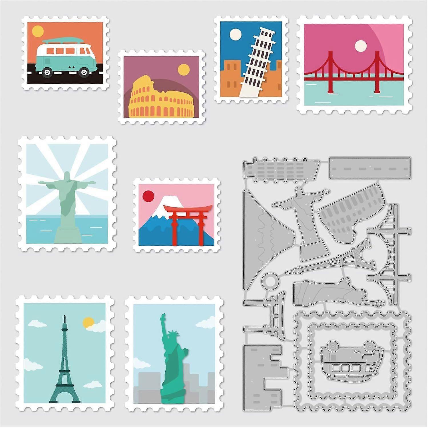 Attractions Pattern Embossing Dies 6.2x4 inch Bus Statue Tower Leaning Tower of Pisa Balloon Die Cuts Metal Cutting Stencils for Scrapbook Card Making