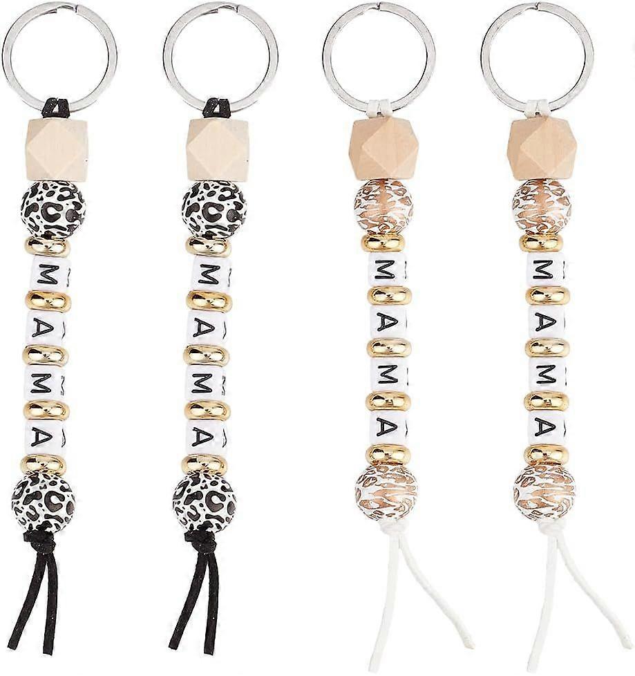 4Pcs 2 Colors Mama Key Chain Set Wooden Bead Keychain Kits Plastic Cow Print Small Silicone Beads Colorful Key Chains for Craft Keychains Car Key Moth