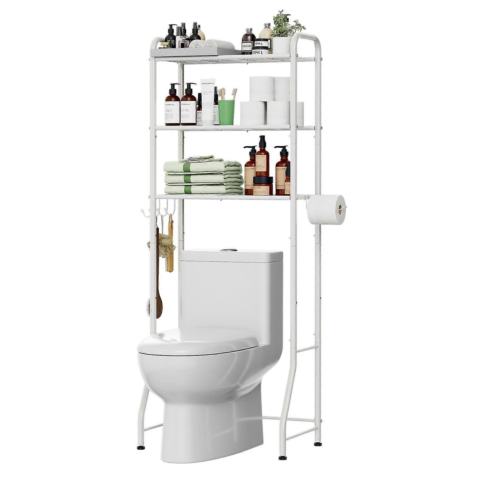 Over the Toilet Storage Rack, 3Tier RustResistant Bathroom Organizer Shelf with Paper Holder and Hooks, White