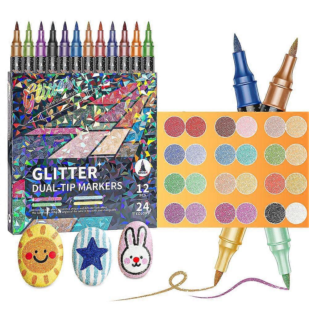 Glitter Effect Brush Markers for Doodle Writing, Dual Tip Dual Color Shimmer Marker 24 Colors