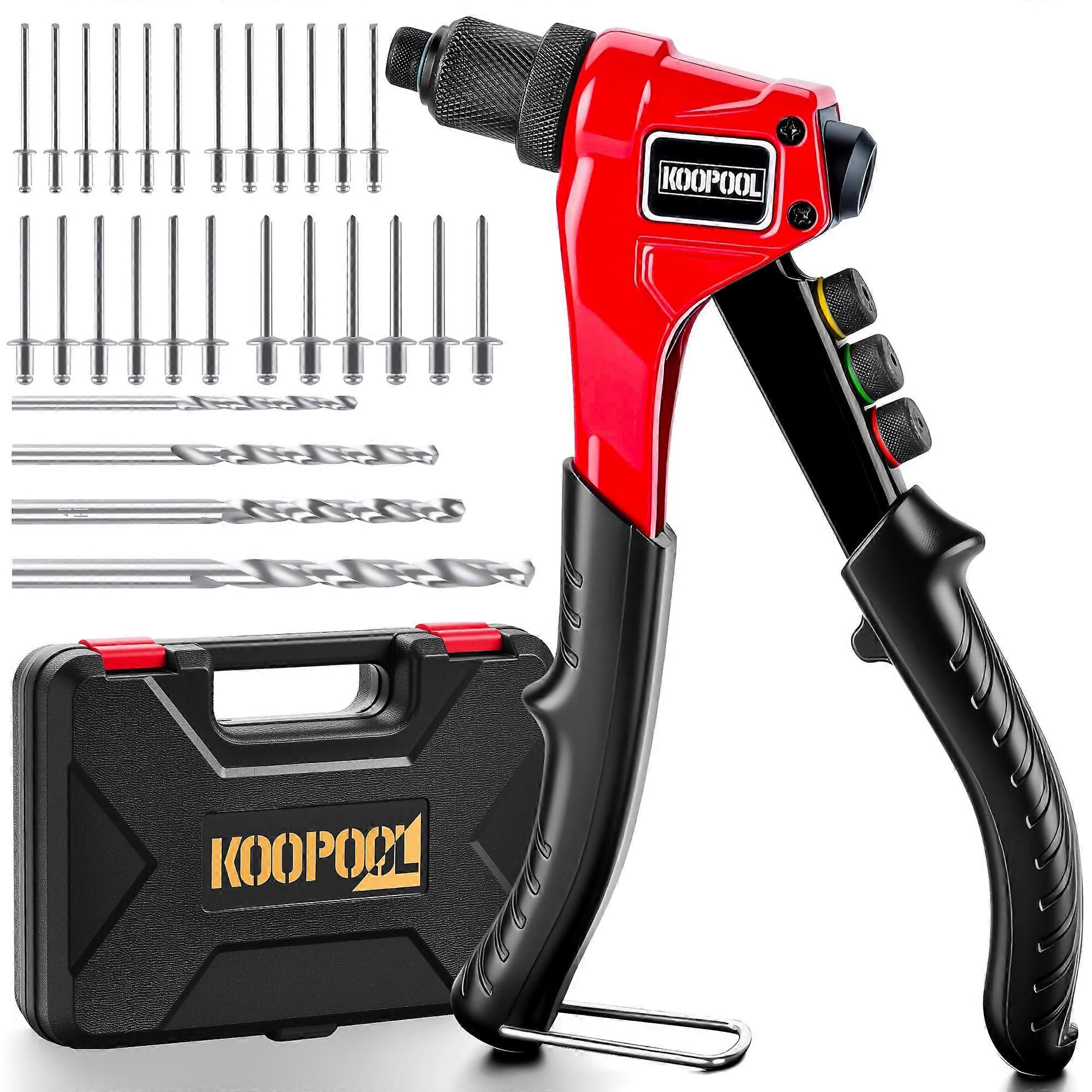 Heavy Duty Rivet Gun Kit with Adjustable Stroke Pop Rivet Tool, 200 Rivets, 4 Drill Bits, Case