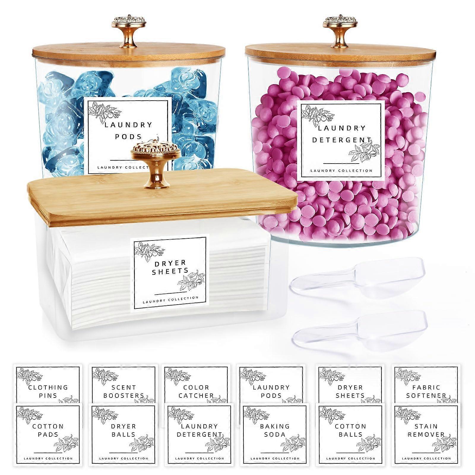 Laundry Room Organization Set, 3 Clear Acrylic Storage Containers with Lids for Detergent Pods and Dryer Sheets