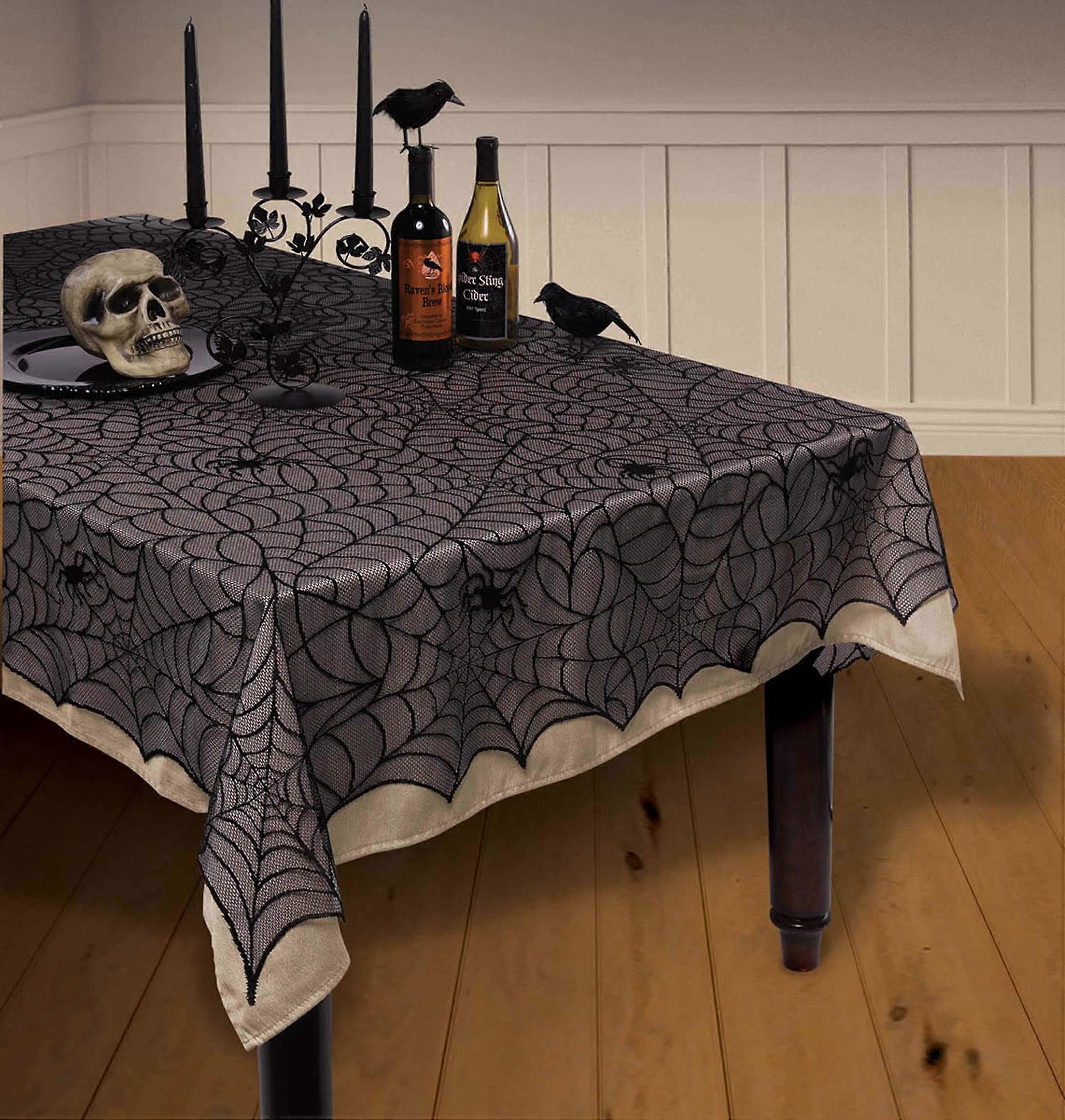 Halloween Lace Spider Web Tablecloth Set, White Rectangular Reusable Party Table Cover 3 Pcs