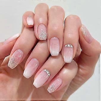 Gradient Nude Pink Coffin Press On Nails with Rhinestones, Ombre Fake Nails Kit for Women