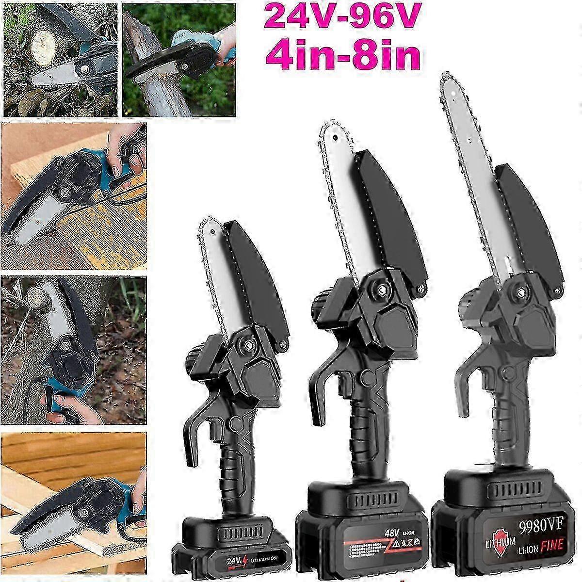 Mini motosserra elétrica sem fio de 8 polegadas, 24/48/96 V, cortador de madeira com uma mão e bateria