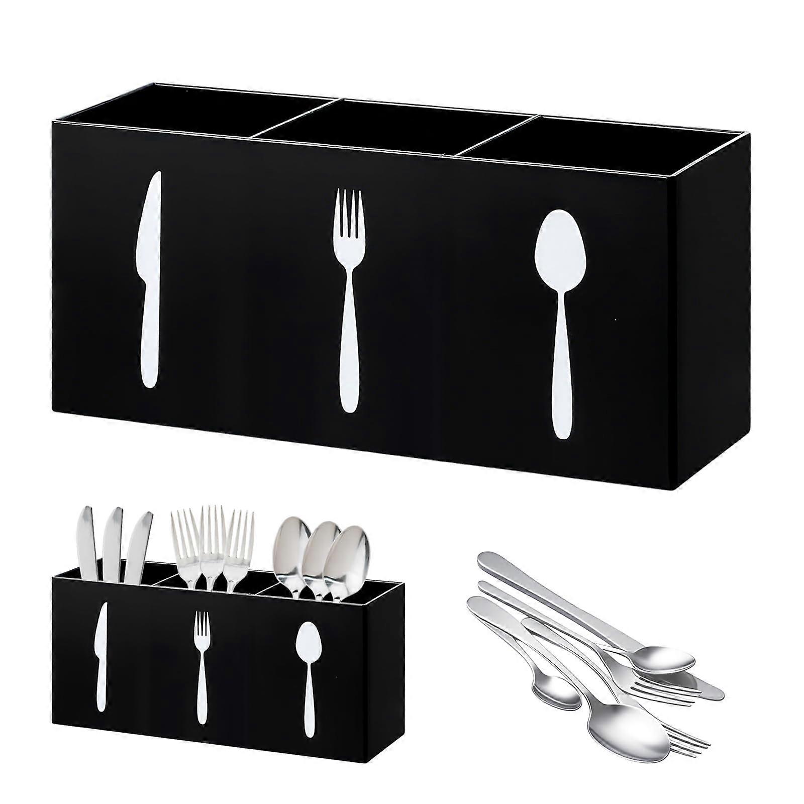 Black Utensil Holder for Kitchen Counter, Large Capacity 3 Compartment Silverware Organizer Plastic