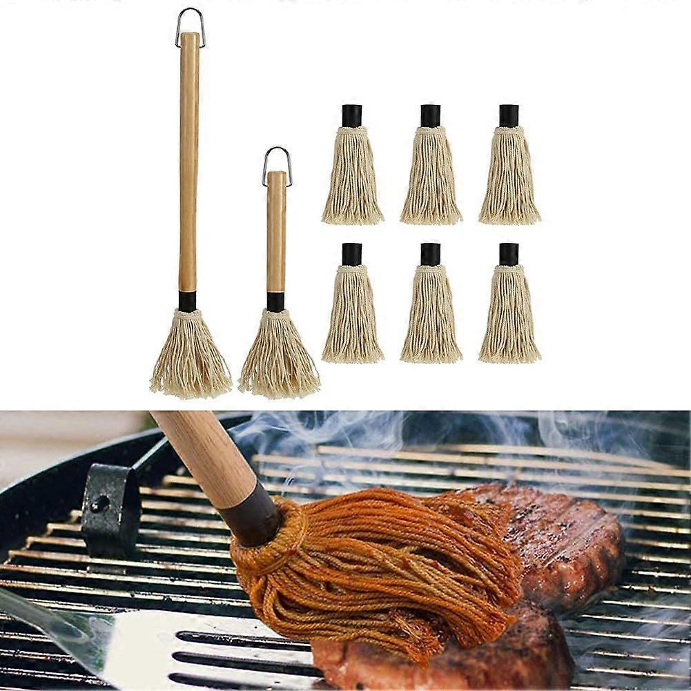 BBQ Basting Mop with Long Wood Handle, Extra Replacement Heads, Dishwasher Safe Grill Brush