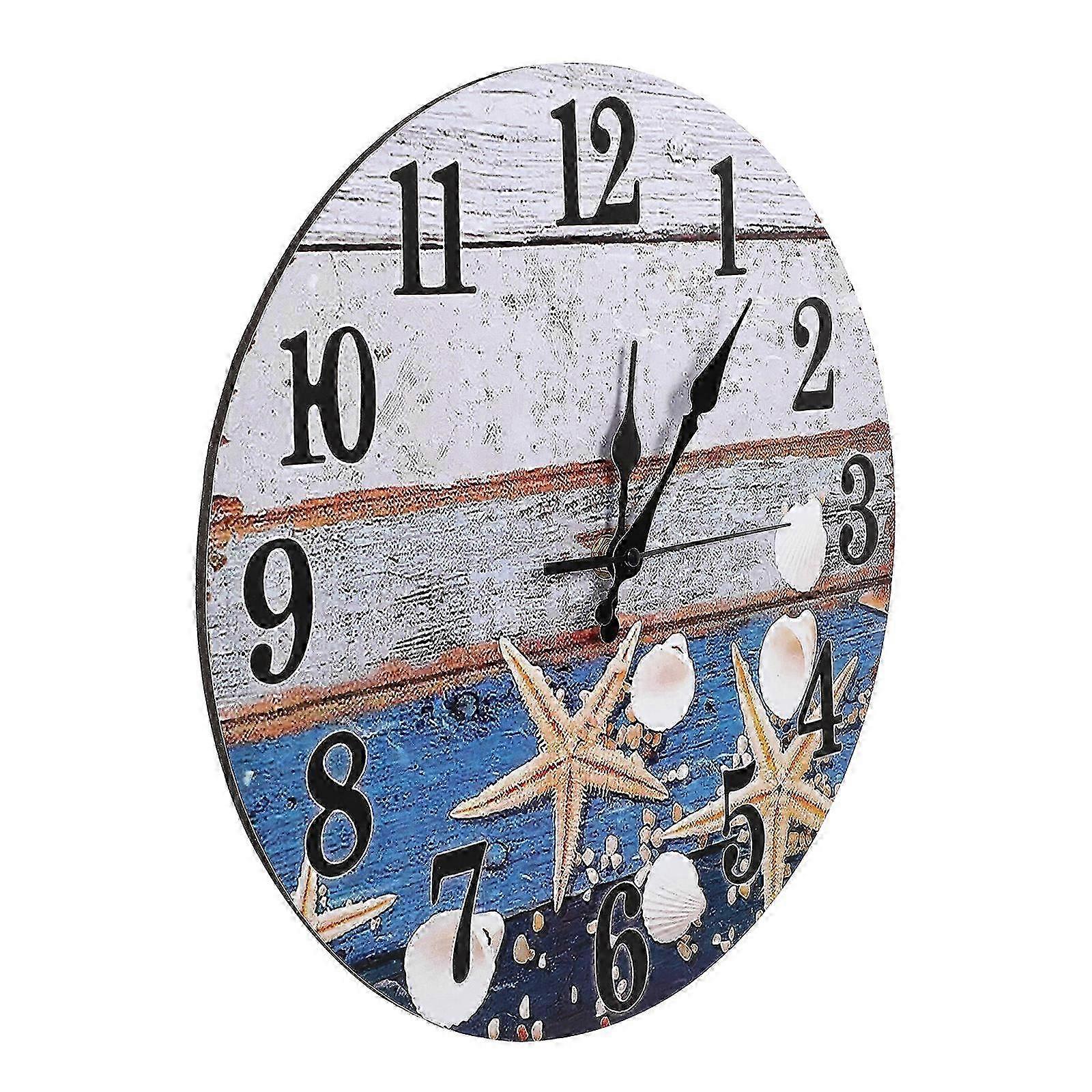 Wooden Wall Clock for Decoration Silent Seashell Pattern Beach Wall Clock