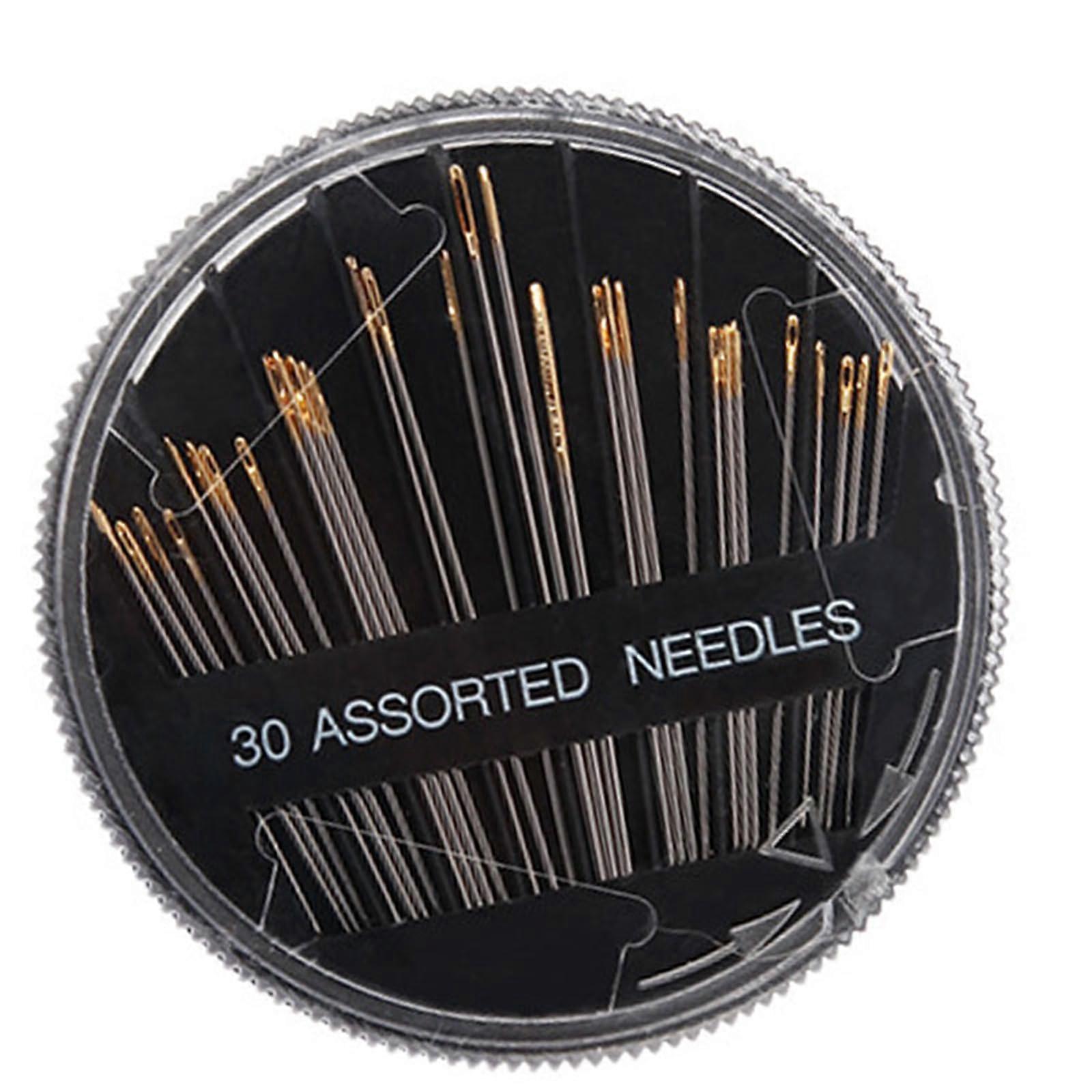 30 Assorted Size Gold Eye Sewing Needles Rustproof Alloy Set for Beginners with Round Storage Case