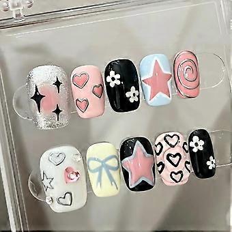 Handmade Graffiti Fake Nails Short Press On Nails for Summer Sweetheart Style 10PCS Size S 24506