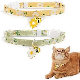 Dww-(18-30cm + gelb und grün) 2er-Pack Baumwoll-Katzenhalsbänder mit Glöckchenblumen-Anhängern, niedliche gelb-grüne Katzenhalsbänder, Kätzchenhalsbänder