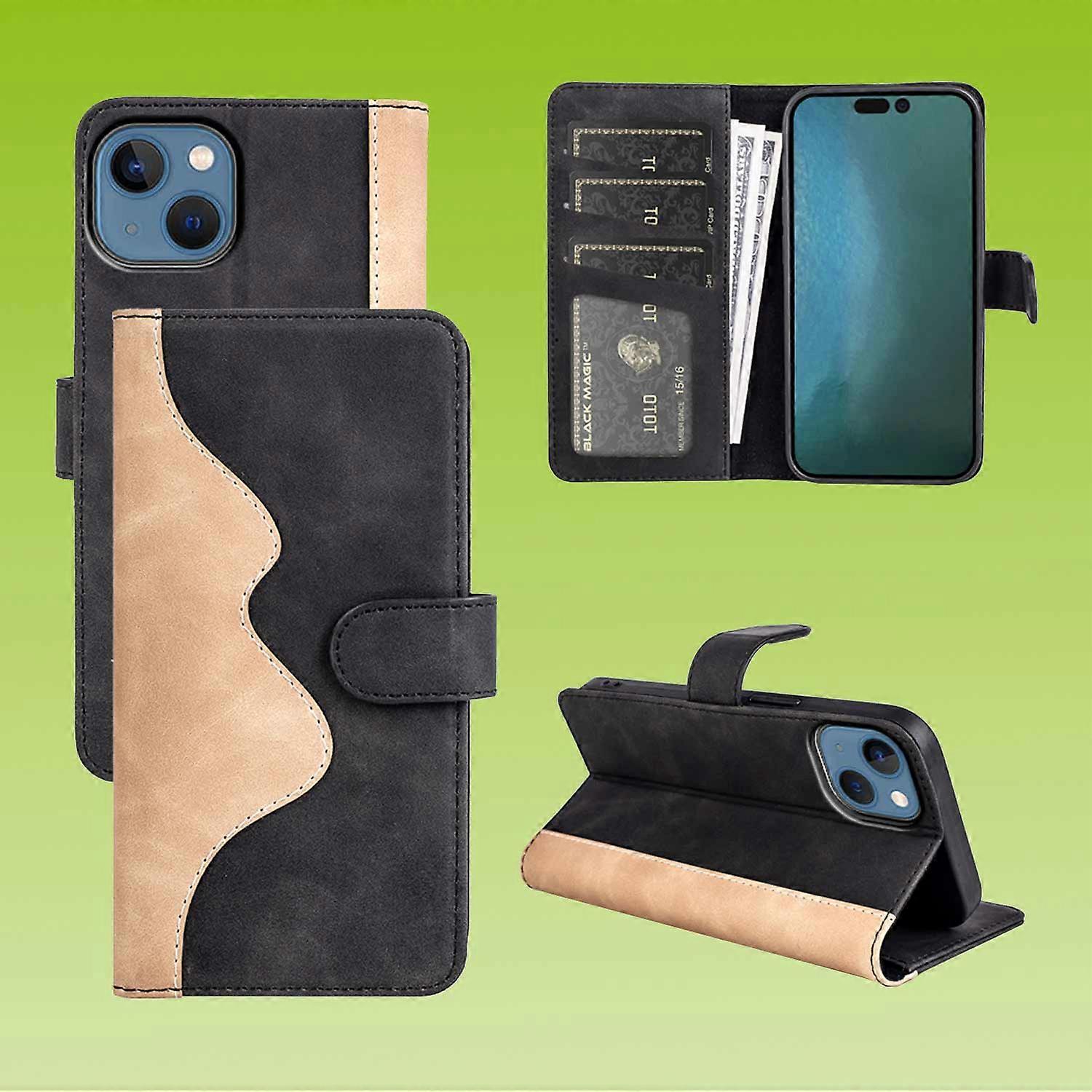 For Apple iPhone 14 Design Mobile Phone Case Black Faux Leather Cover