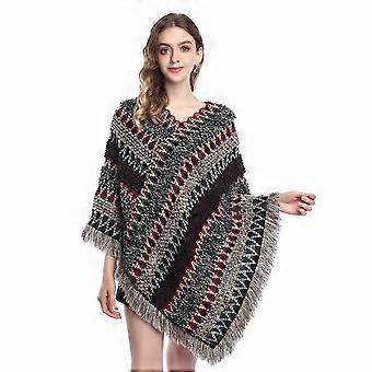 Loose Pullover Shawl Ethnic Style Poncho with Tassel for Lady