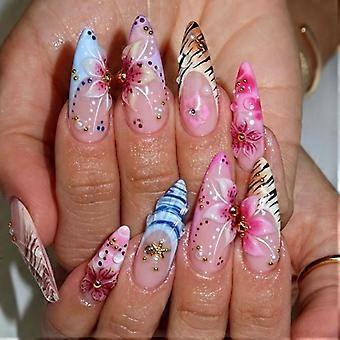 Blommiga lösnagelbitar med runda pärlor, rosa och genomskinliga neutrala baser, självhäftande flikblad och förvaringslåda för dejter och fester