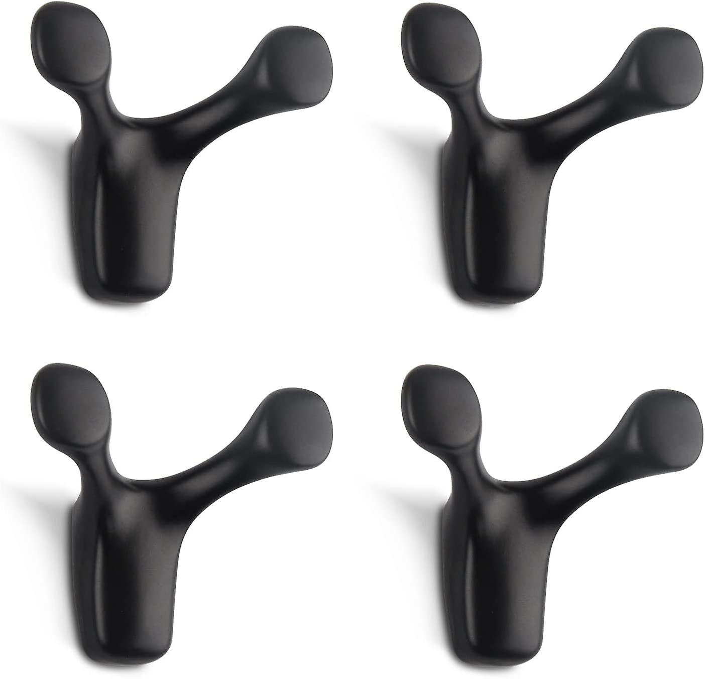 4 Pieces Double Wall Hook, Sturdy Solid Zinc Alloy Deer Horn Wall Hook, Black，7.7*5.6*4.3cm