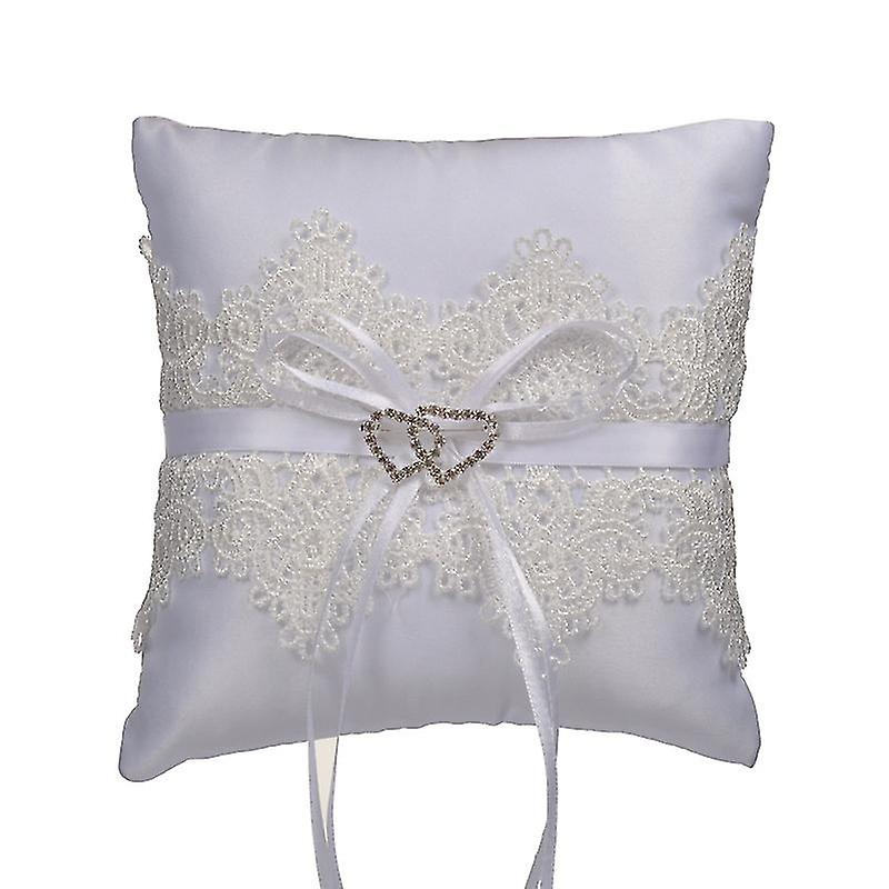 Ring Cushion Hollow Satin Lace Pearl Double Heart Wedding Ring Pillow Ivory Cushion Bearer For Beach Wedding Ceremony