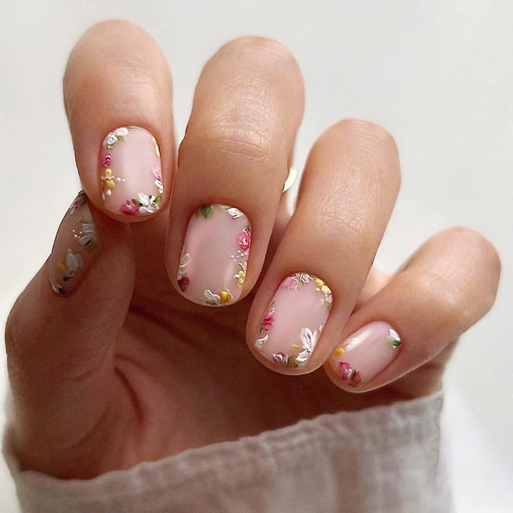 24 Stück Kurze Fake Nägel Mit Rosen-Blumen-Design – Oval, Abnehmbar, 12 Größen, Inkl. Kleber, Nagelzubehör