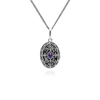 Art Nouveau Style Oval Amethyst & Marcasite Locket Necklace...