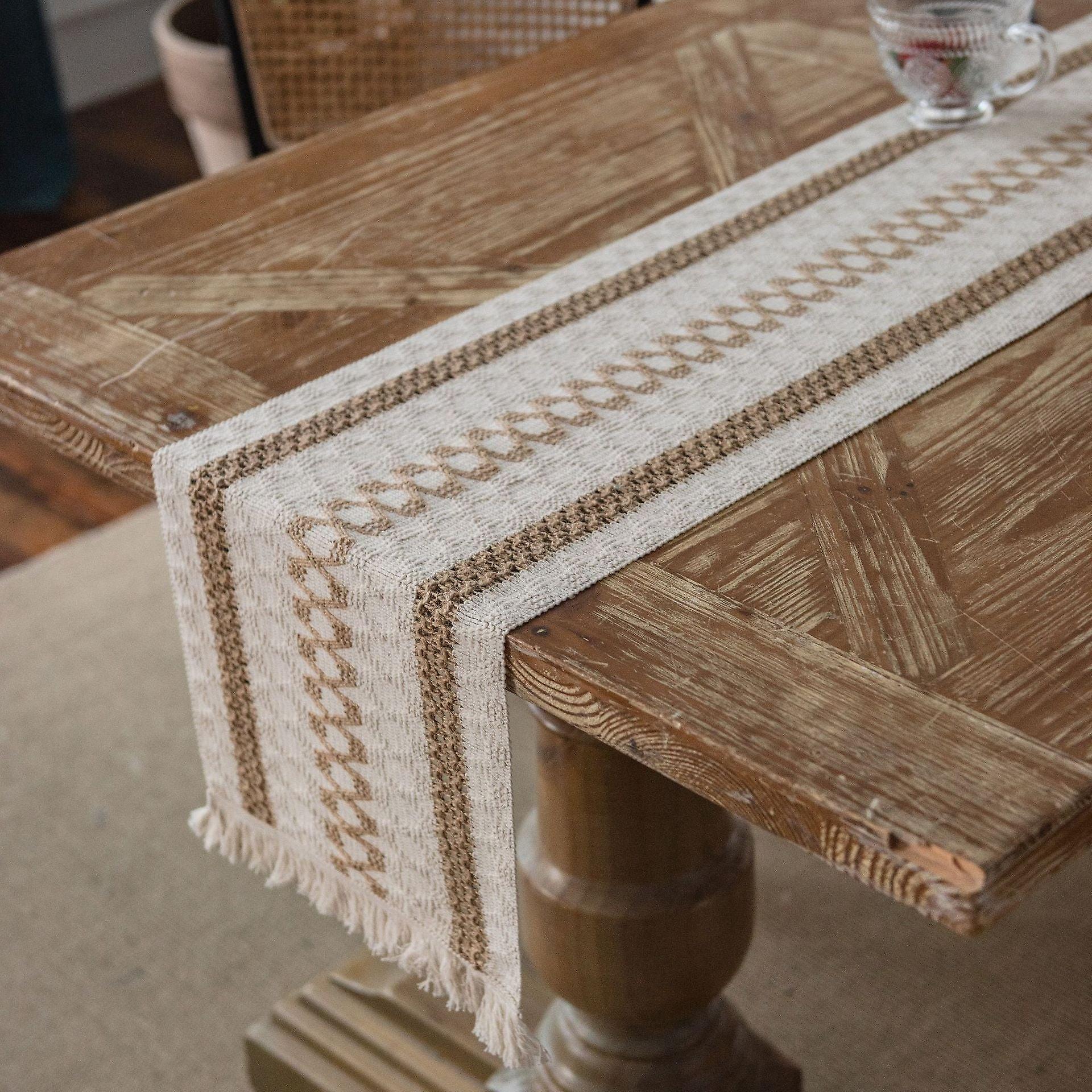Algodão e linho Table Runner Costura listrada Duas cores tecida Tassel Material Natural toalha de mesa americana
