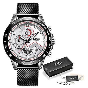 Lige Quartz Watch - Anologue Luxury Movement for Men - Stainless Steel - Black-White