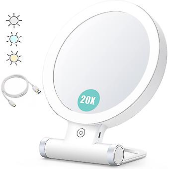 Magnifying Mirror with Light 20X/1X Double Sided Tabletop Mirror Adjustable Folding Handle Cosmetic Mirror for Makeup