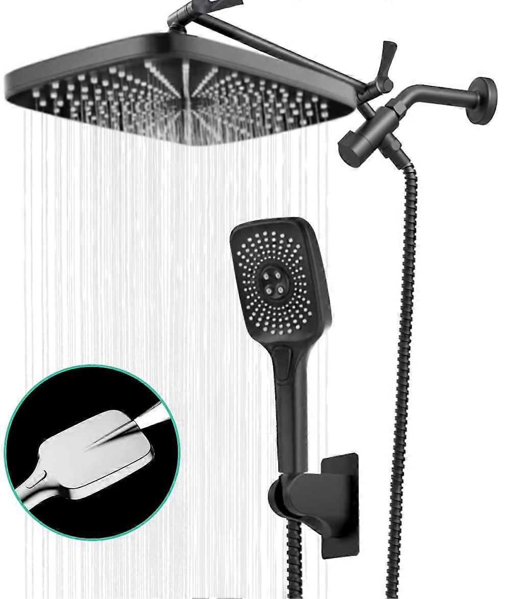 12 inch Square Rain Shower Head 4 Function Handheld Shower With Spray Settings Black