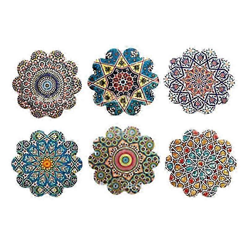 6 Pcs Ceramic Non-Slip Absorbent Coaster Mandala Pattern Lace-Shaped Ceramic Absorbent Bottom Cork