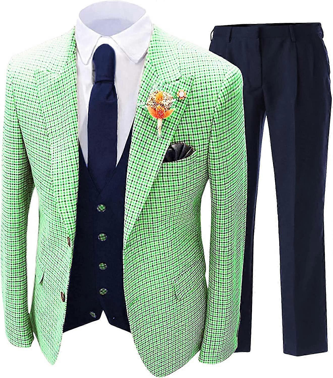 Men Slim Fit Casual Plaid Striped Suit 3 Piece Single Breasted One Button Dress Sets Daily Sport Lightweight Tuxedo