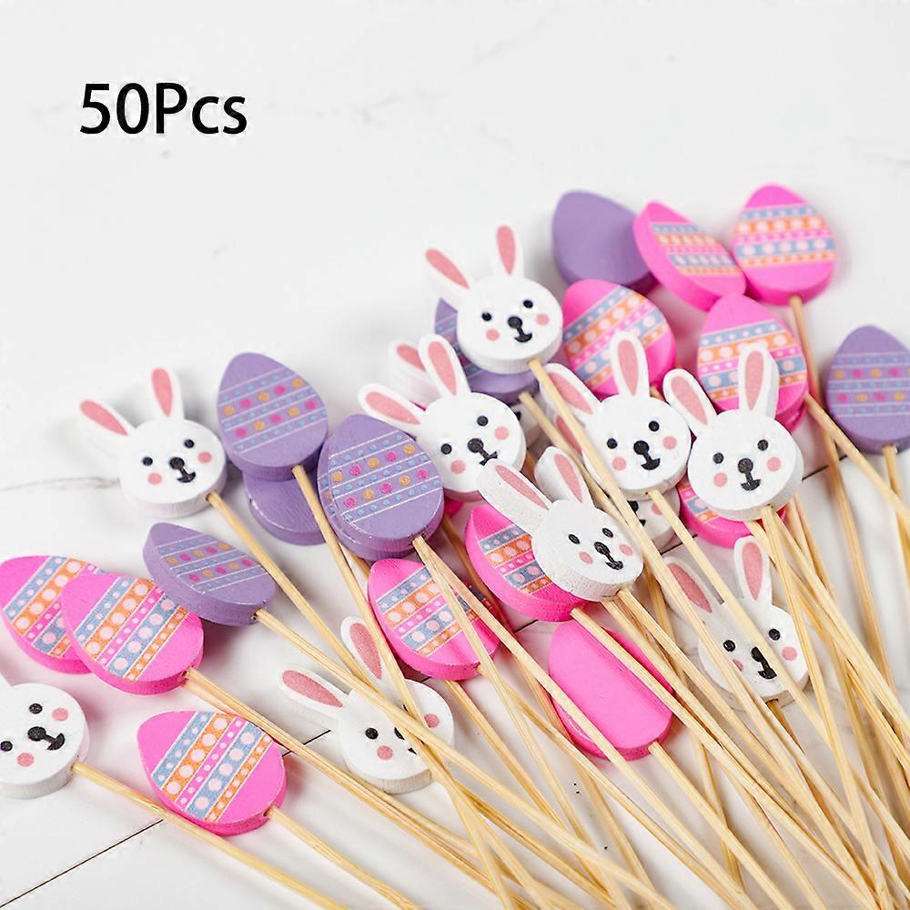 50/100Pcs Easter Disposable Bamboo Skewer Rabbit Easter Egg Fruit Fork Sandwich Buffet Food Picks Cake Topper Easter Party Decor