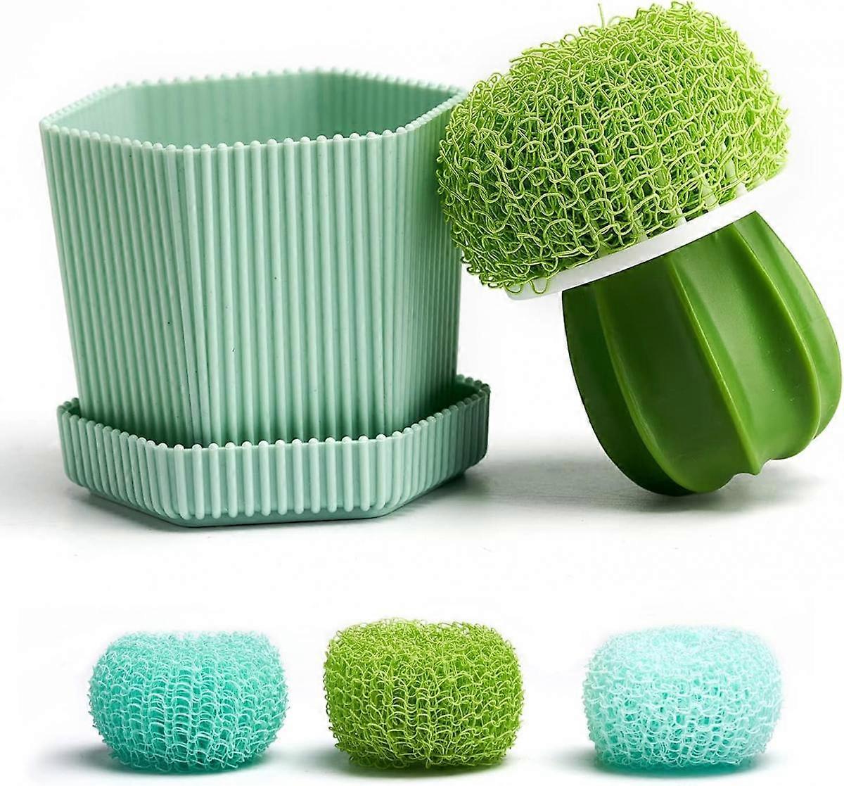 Dish Brushes Cactus Mini Brush with Drip Tray (3 Replacement Brushes), (Green)