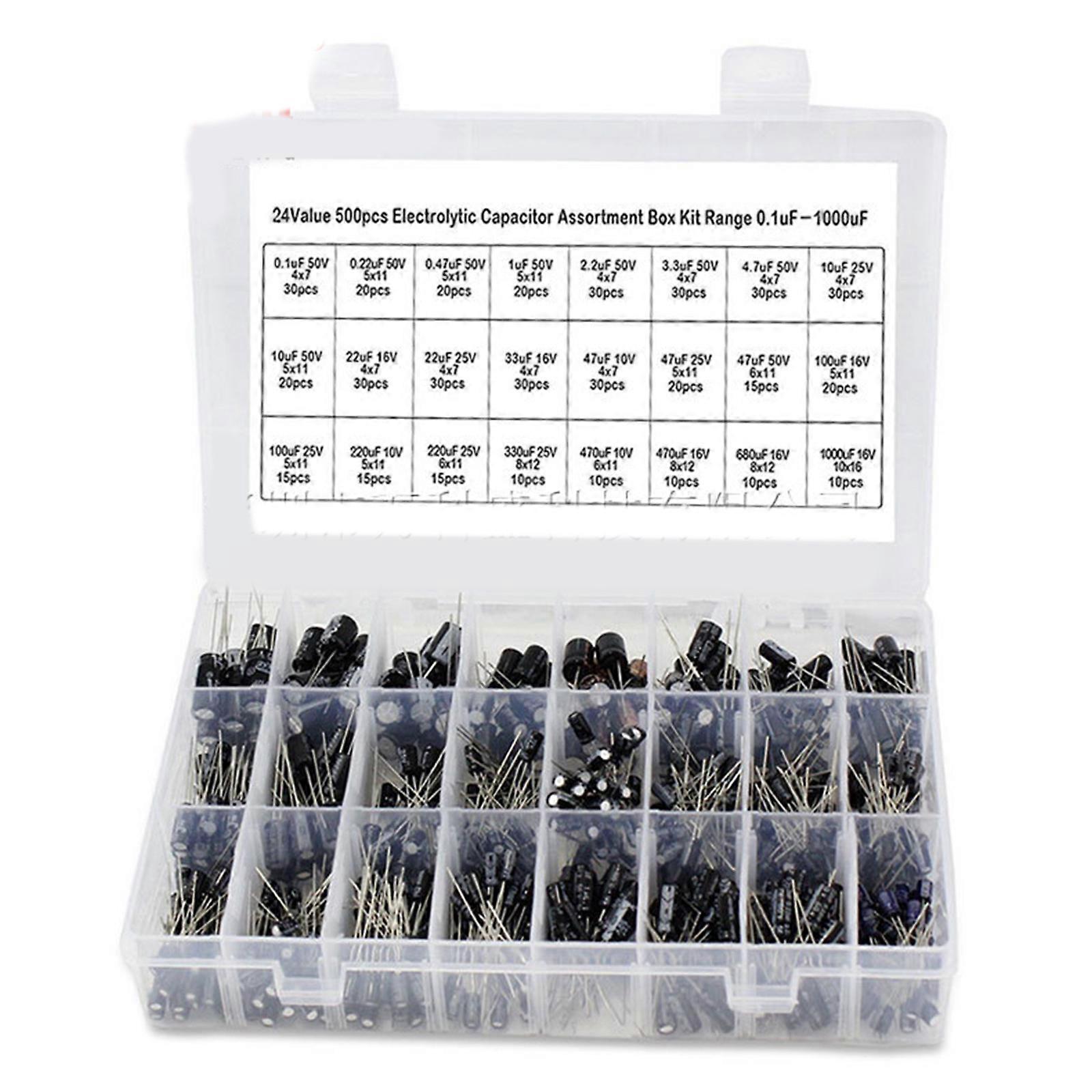 500PCS 24 القيم الألومنيوم كهربائيا مكثف كيت 0.1uF - 1000uF 50V المكثفات تشكيلة مربع