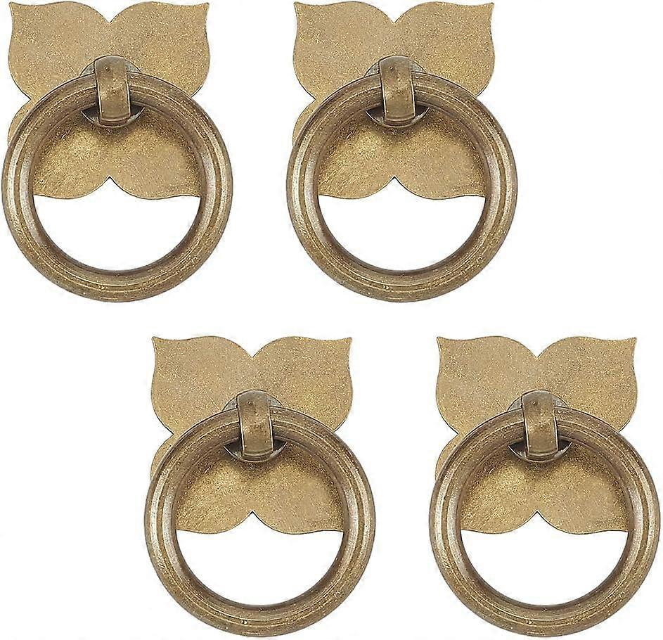 4pcs Vintage Pull Ring Handle with Four-Leaf Clover Shaped Base Antique Brass Door Ring Pulls Retro Decorative Knobs for Kitchen Cabinets Wardrobe Dre