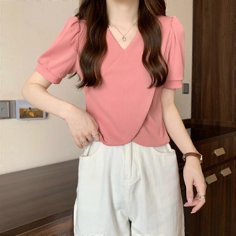 Apricot short sleeve T-shirt women's summer 2022 new design sense cross V-neck irregular pit strip temperament thin clothes