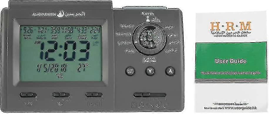Black Islamic Prayer Clock Table Clock with Azan Athan User Guide  Powered by 2 AAA Batteries not included