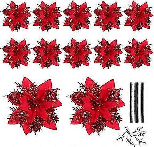 Christmas Glitter Artificial Poinsettia Flower Pattern 12Pcs Christmas Tree Flower Pattern Ornaments Xmas Party Decoration with 12Pcs Stems and Clips