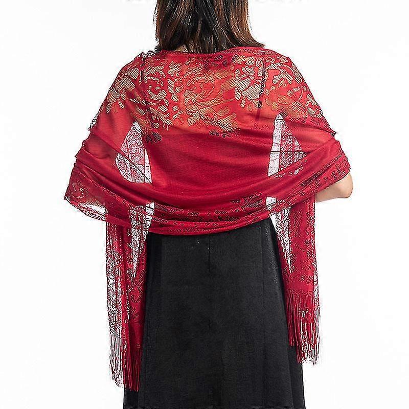 Women's Floral Lace Scarf Shawl Tassels, Soft Mesh Fringe Wraps For Wedding Evening Party Dresses