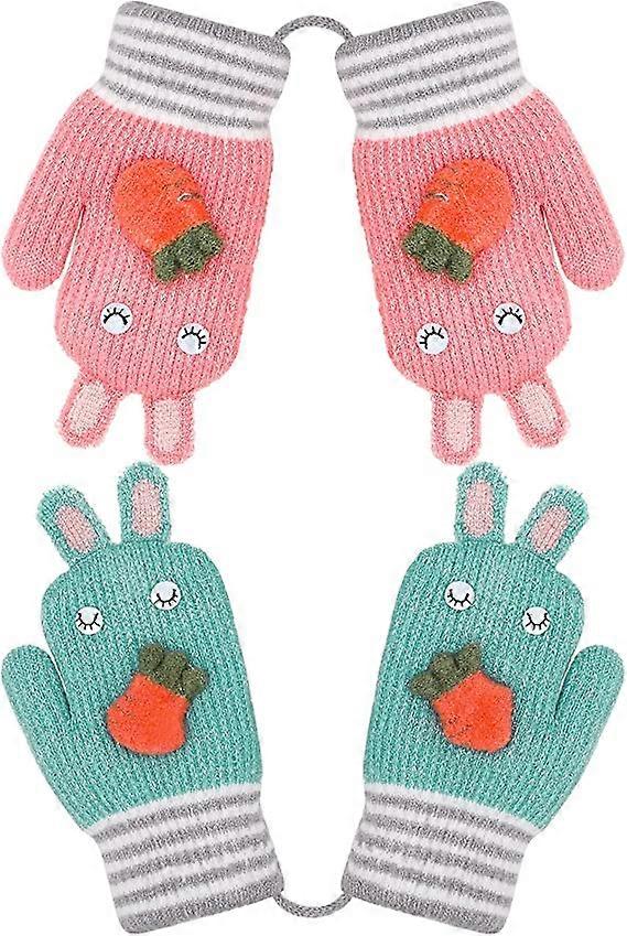 2 Pairs Kids Cute Knitted Gloves with String