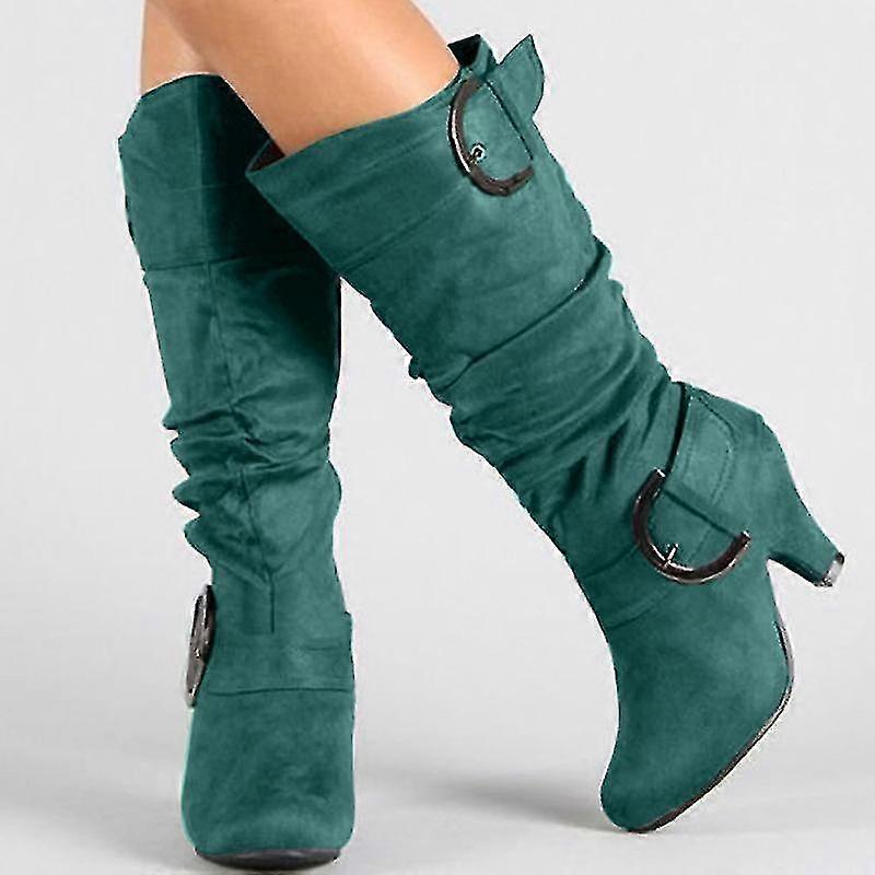 Bottes pour femmes Suede Chaussures Slouchy Heel Bottes Mid Calf Bottes Boucle d'hiver Chaton Talon Rond Toe Vintage Élégant Chaussures de marche Suede Zipper