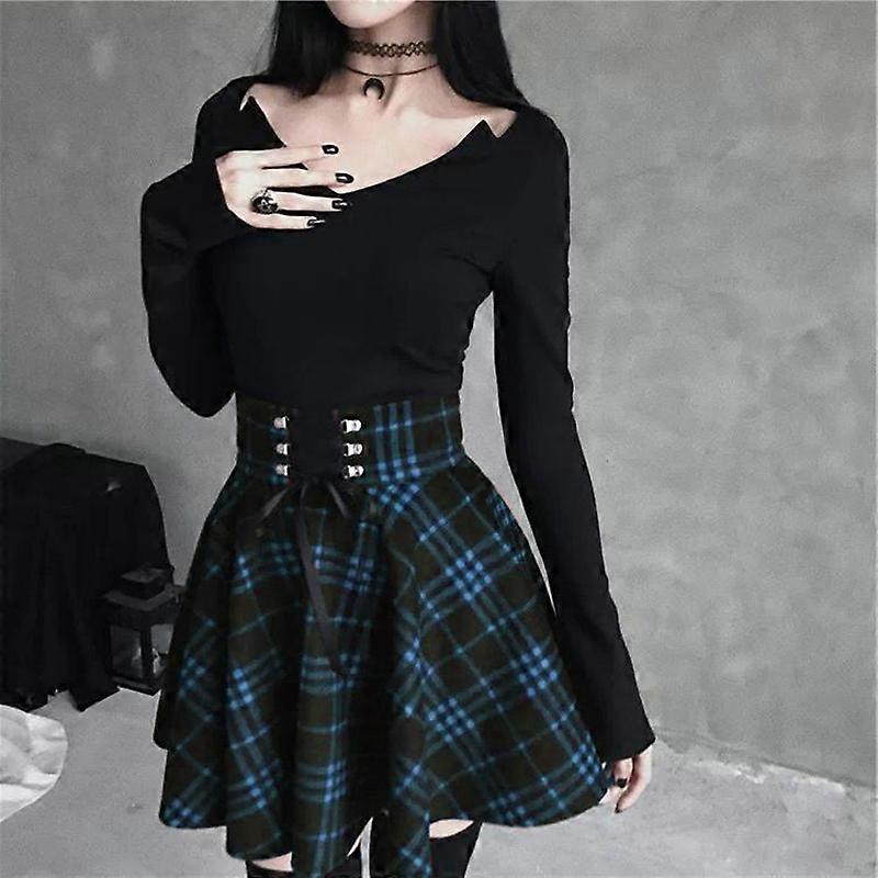 Gothic Skirt Black And White Plaid Flare Skirt Black Checkered