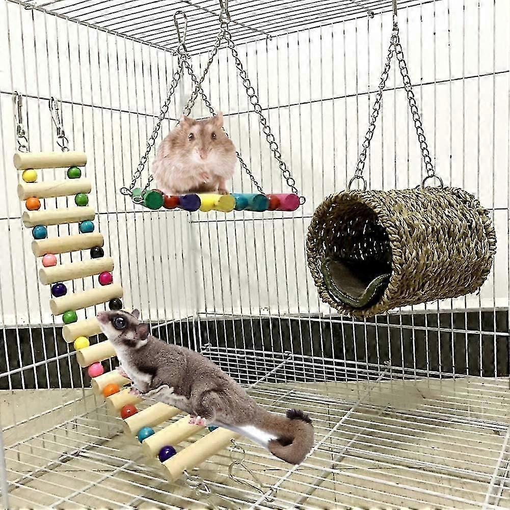 Hamster Toy, Lot of 3 Toys for Parrots or Dogs. Bridge Ladders, Swing Toy, Perched Hammock for Hamster, Squirrel, Ferret, Guinea Pig, Parrot Accessory