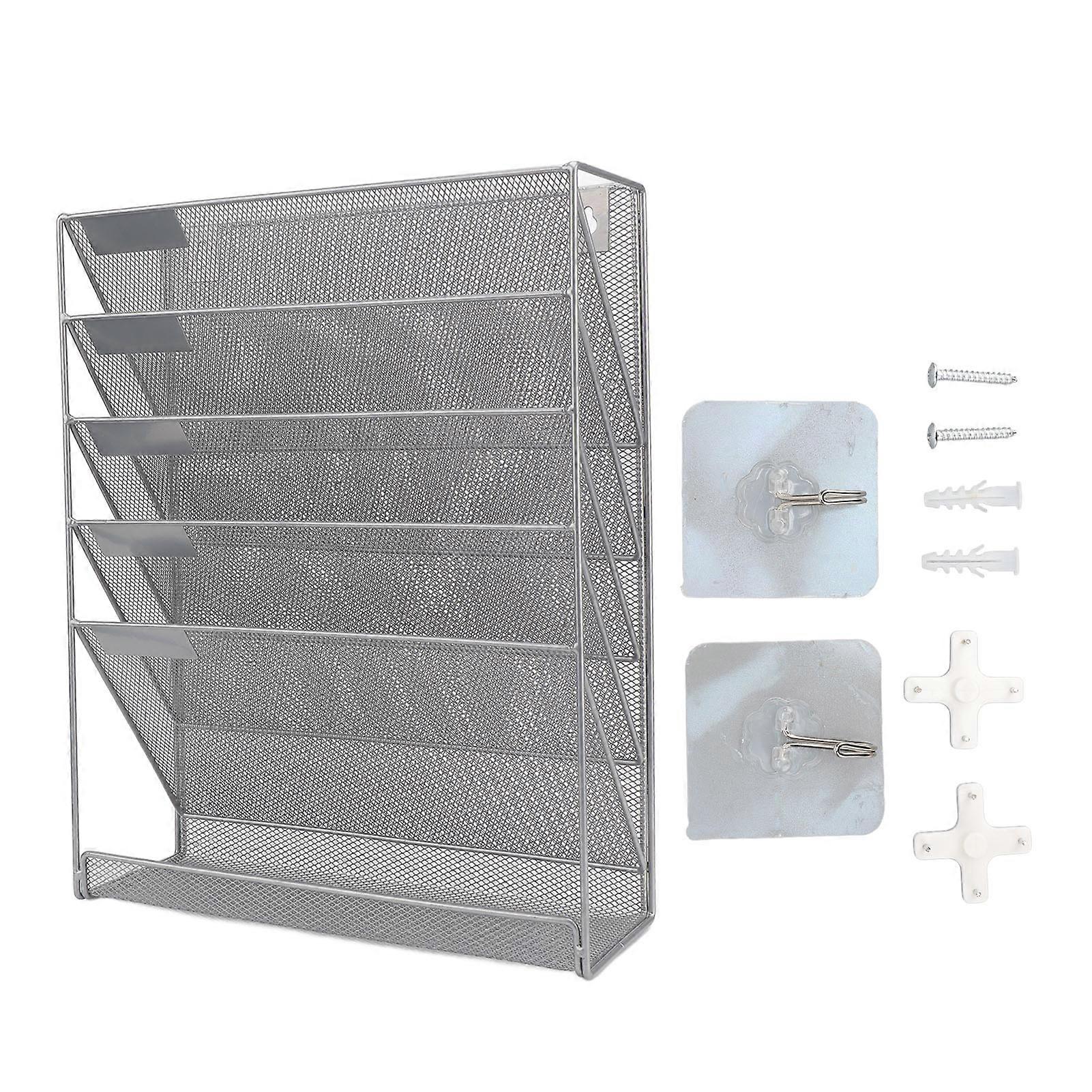 5 Tier Wall File Organizer with Hooks Vertical Placement Easy Installation Iron Mesh Wall Mount File Holder for Office Silver