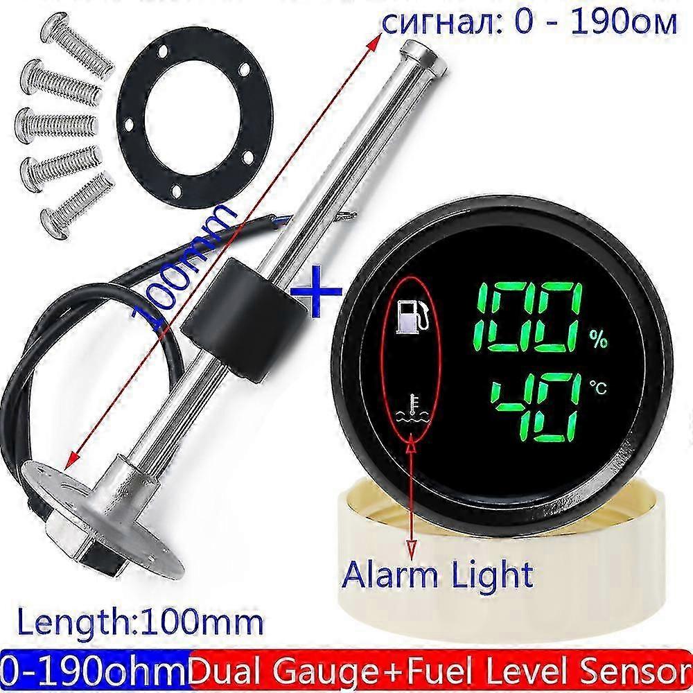 0-190 Ohm Fuel Level Gauge+water Temperature Meter With Alarm Digital 52mm Dual Gauge Oil Tank Level Float Sensor 100~600mm Boat
