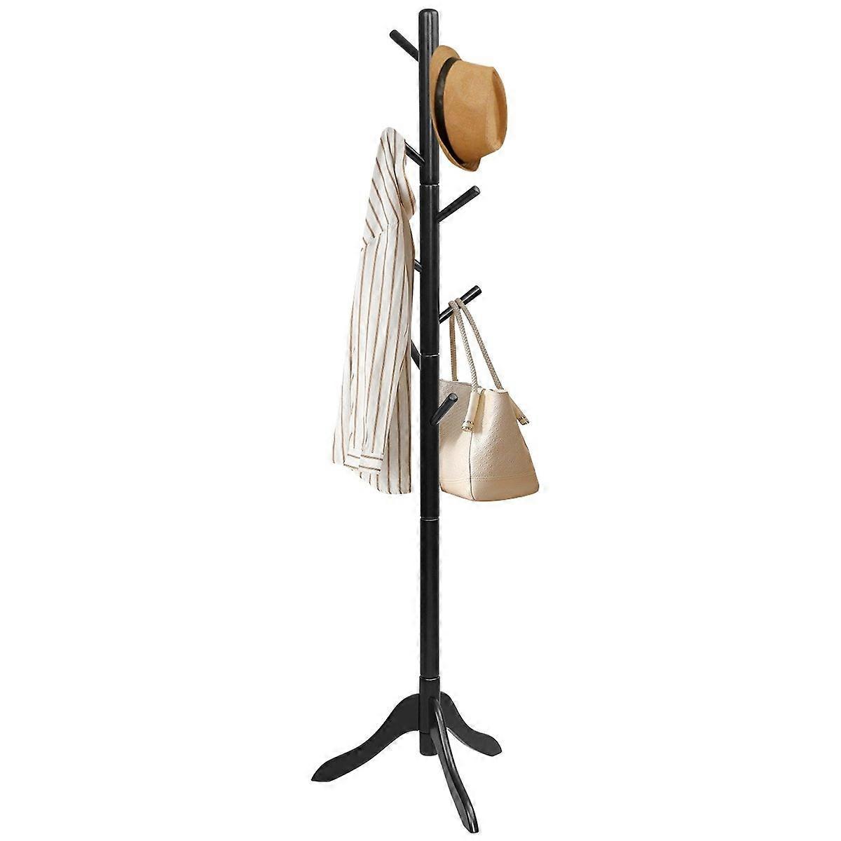 Coat rack with 8 hooks, wooden coat hanger, height adjustable, 175 cm, black