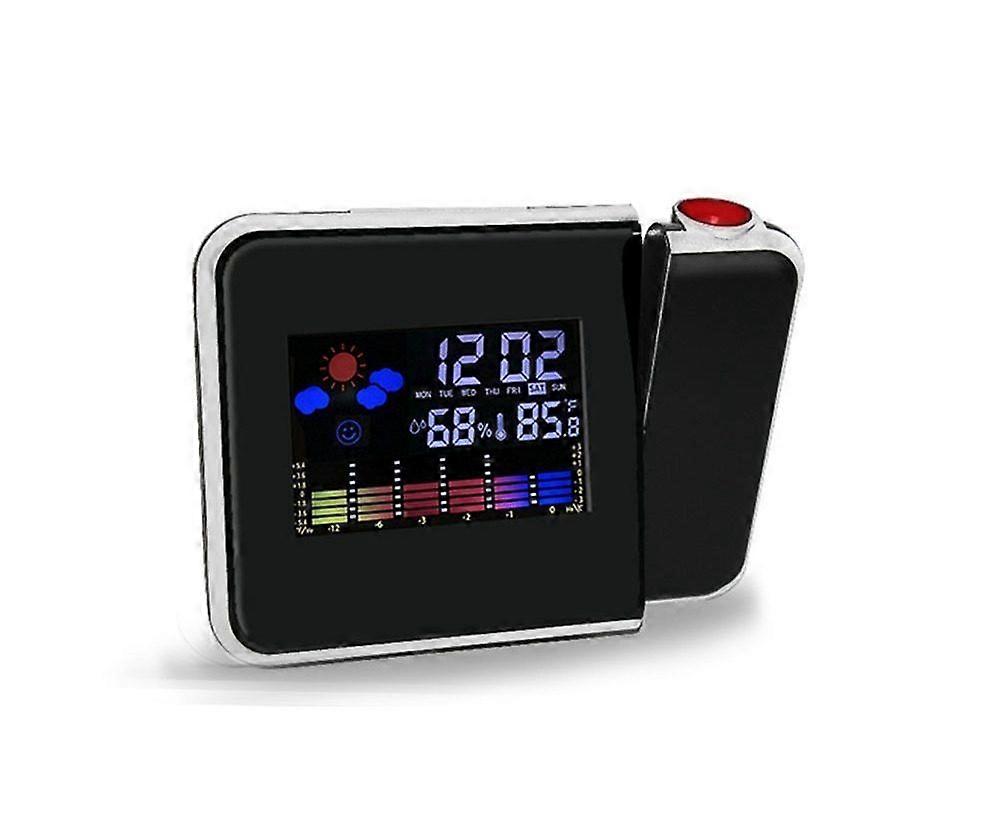 Sleek Black Digital Projector Alarm Clock & Weather Station with LED Display, Snooze, and Weather Monitoring