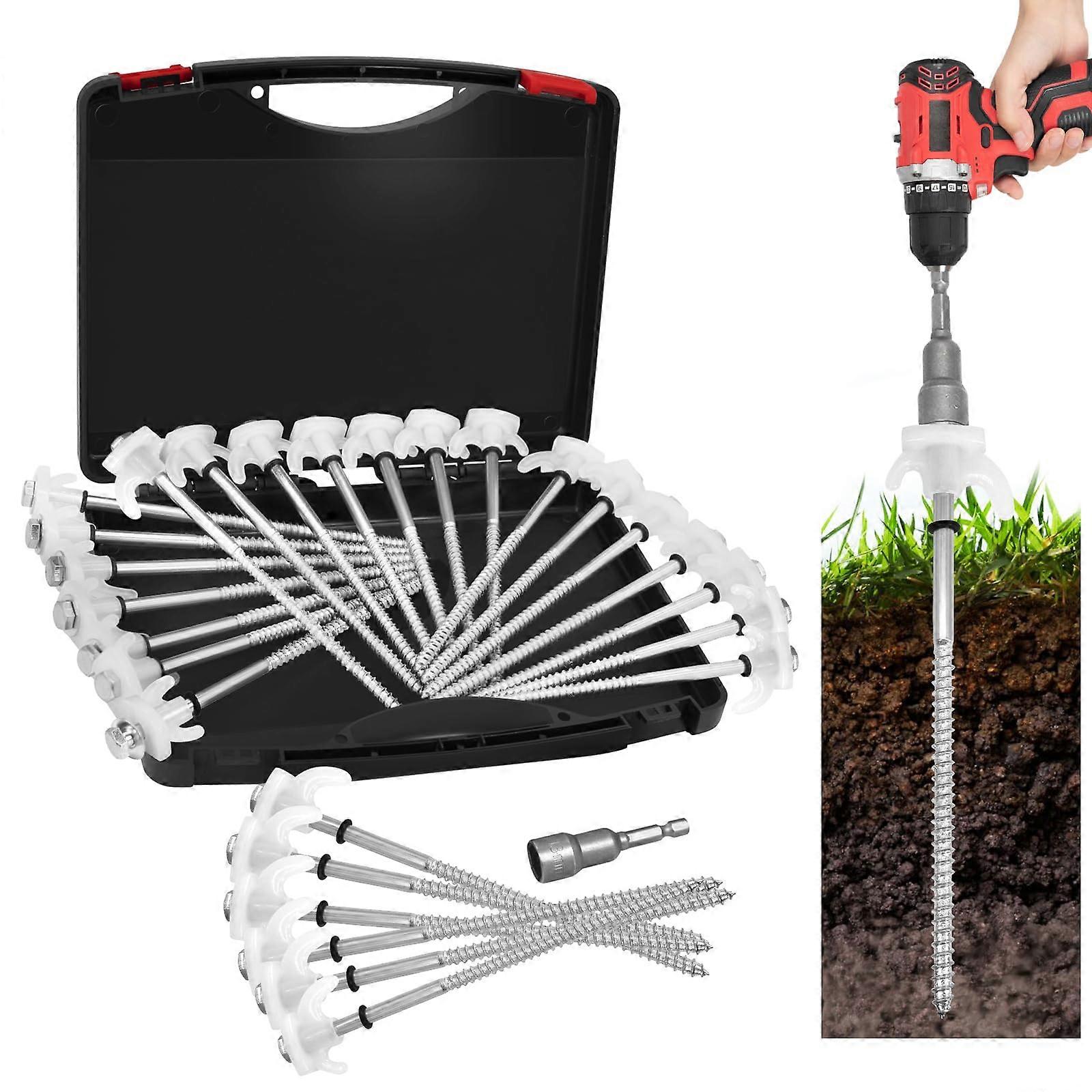 8" Screw In Tent Stakes Heavy Duty Pack of 20 - Hexagon Head Ground Anchors, Drillable Tent Pegs in White with Storage Box