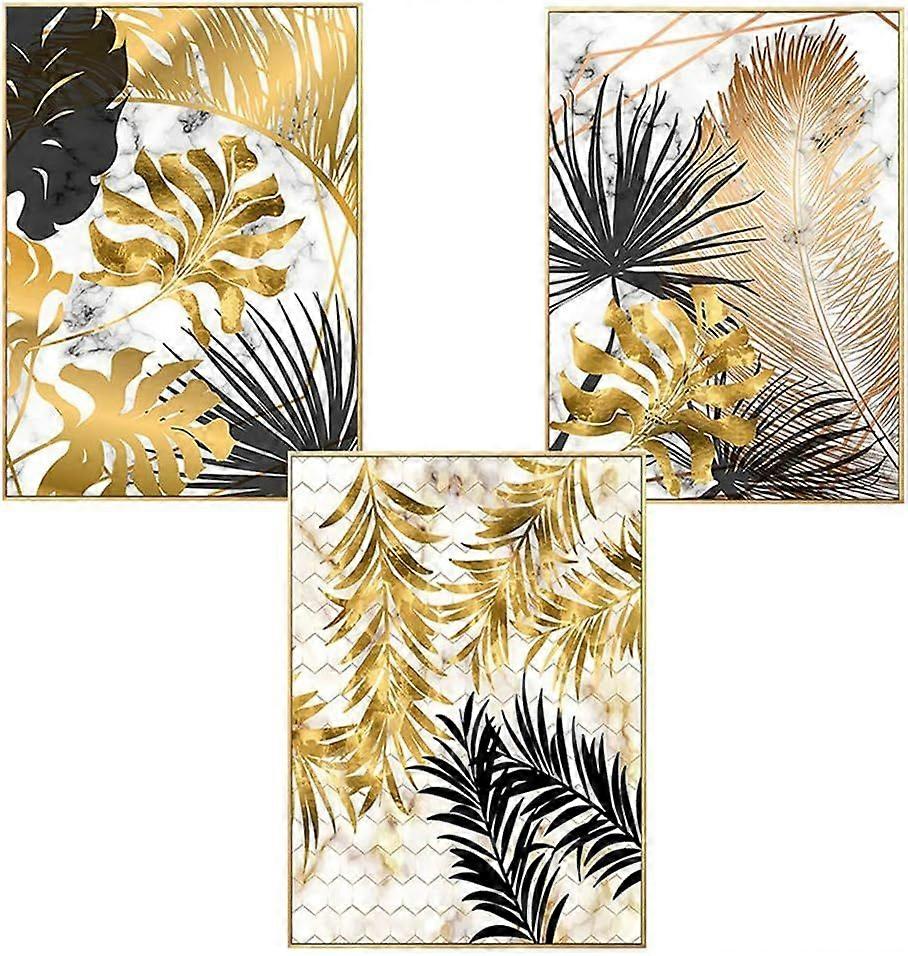 Set of 3 design wall posters with forest motifs, golden leaves, palm, without frame, wall decoration for the living room