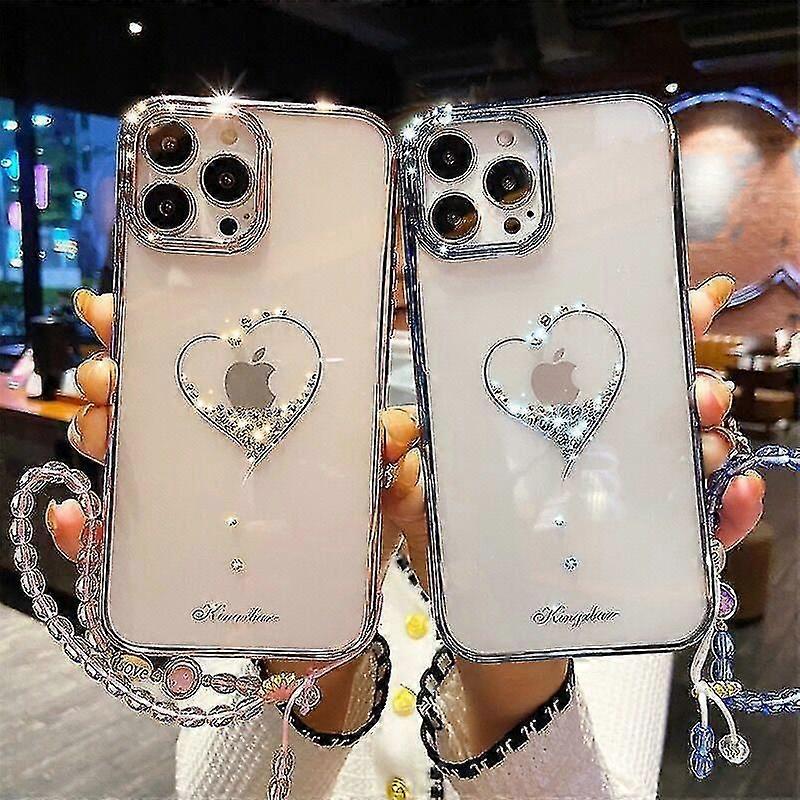 Diamond Four Corners Shockproof Metal Frame Transparent Phone Case Compatible With Iphone13 Series With Bracelet