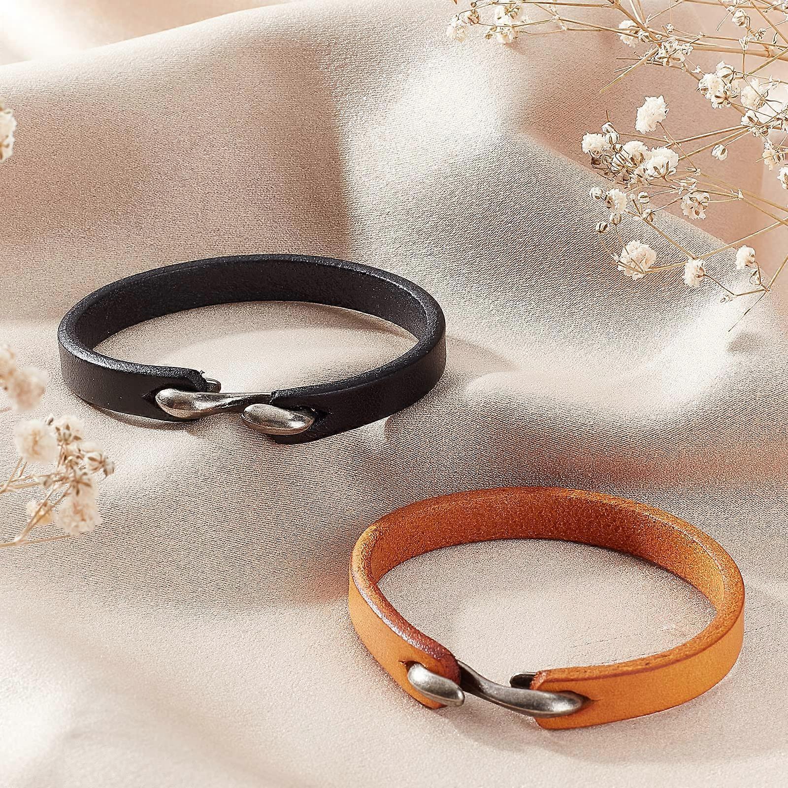 2 Pieces 2 Colours Unisex Genuine Leather Bracelet in Punk Style Cowhide Leather Simple Bracelet with Antique Black + Camel