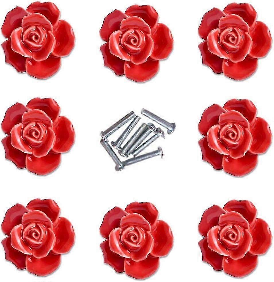 LM 8Pcs Elegant Red Rose Pulls Flower Ceramic Cabinet Knobs Cupboard Drawer Pull Handles YKW